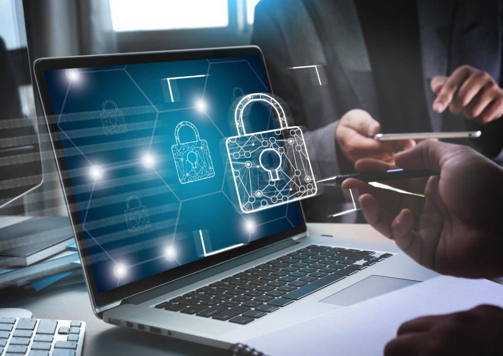 Automated incident management dashboard on laptop showing security locks - Multishoring cybersecurity solutions