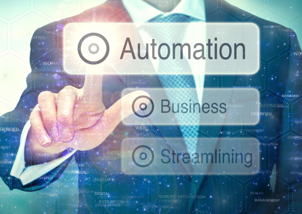 Business professional selecting automation, business, and streamlining options on a digital interface, representing AI-powered marketing automation benefits for efficiency and process optimization.