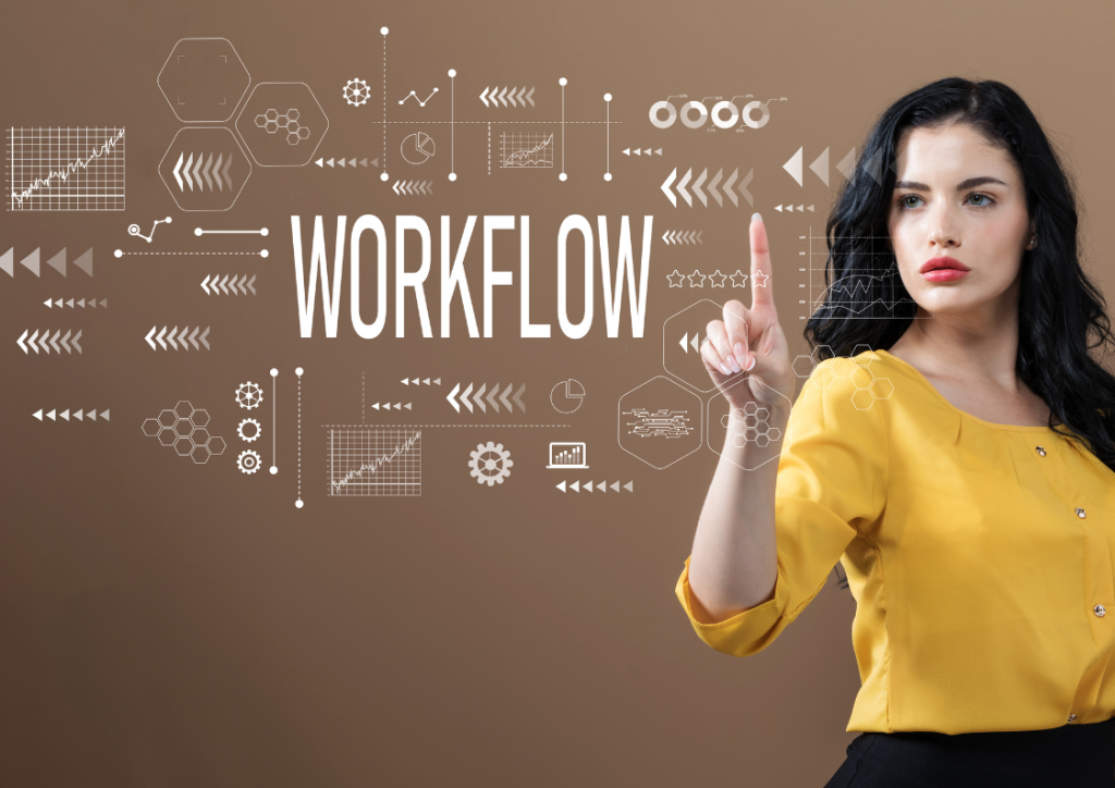 woman in yellow shirt in front of interactive workflow board - Challenges in Implementing Workflow Automation - Multishoring