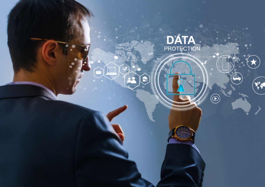 Business executive implementing Azure governance security controls with a virtual data protection interface displaying a global cloud network and security lock, representing the intersection of cloud resource management and data security in enterprise environments.