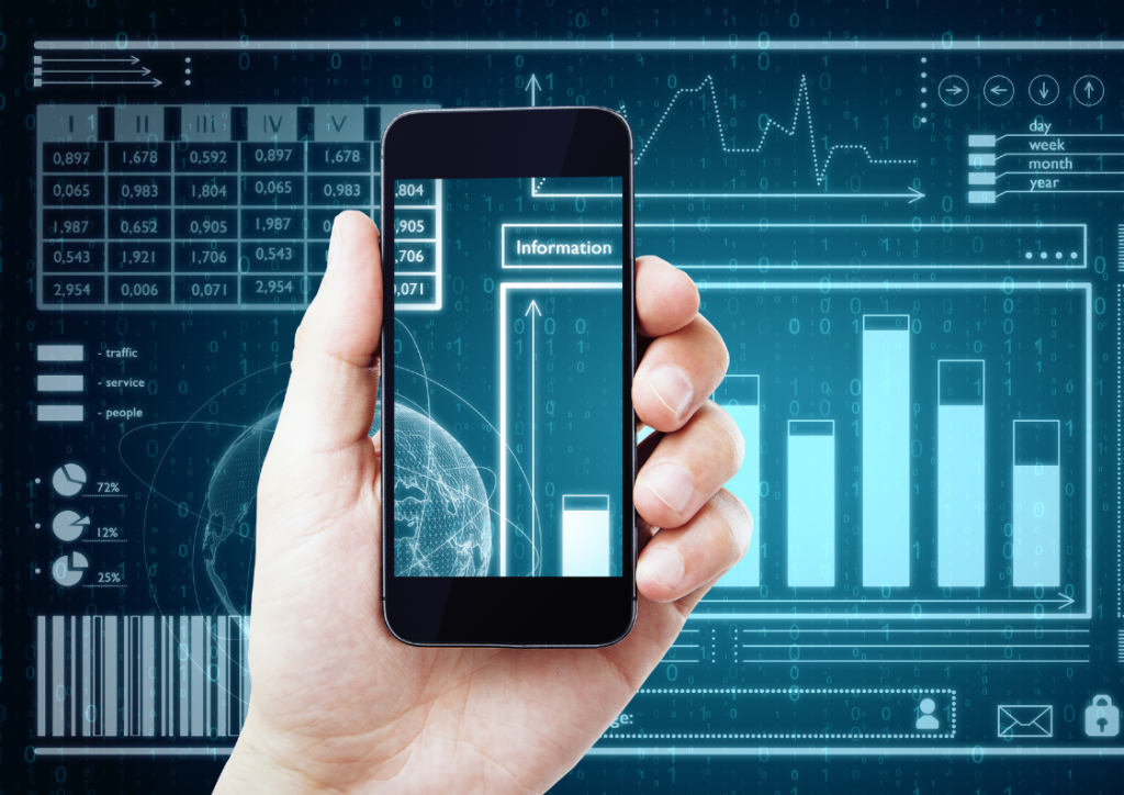 Mobile business intelligence dashboard for fintech showing real-time financial data visualization with charts, graphs, and analytics displayed on a smartphone against a background of digital metrics and financial indicators
