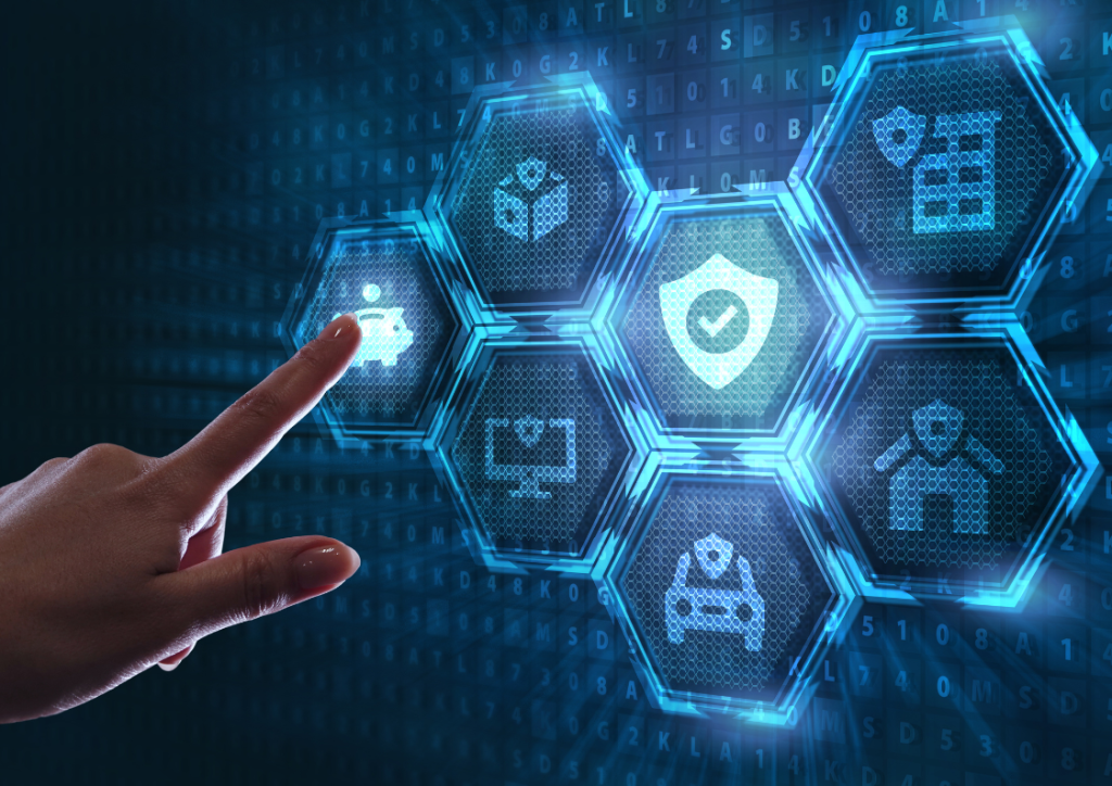 Business intelligence dashboard for insurance with interactive hexagonal data visualization icons showing analytics categories for risk assessment, claims processing, fraud detection, and customer data security