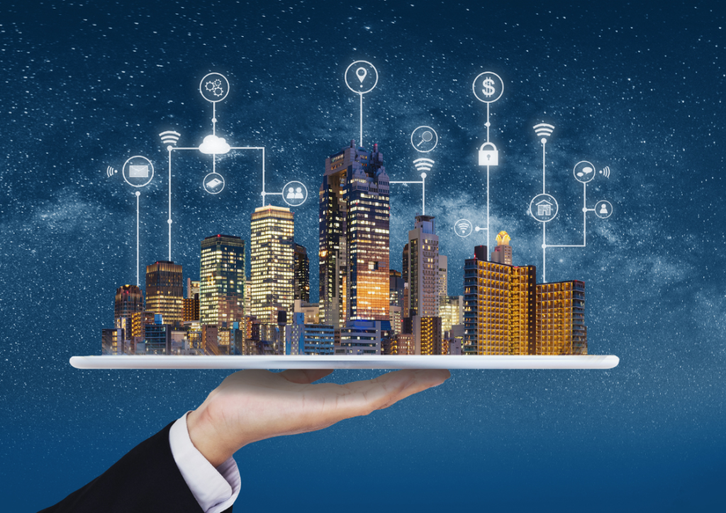 Smart city skyline with digital data icons representing real estate business intelligence, predictive analytics, and Power BI integration for urban property management