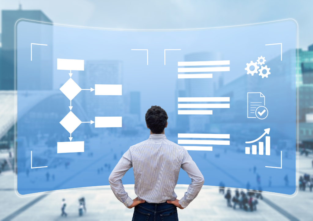 Business executive viewing Azure Logic Apps workflow diagram with approval process flowchart, document verification, and performance metrics - visual representation of automated business process in 30-minute implementation