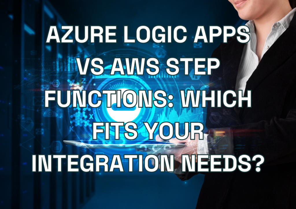 BizTalk Server and cloud integration: A woman in business attire interacts with a tablet displaying a cloud icon and data visualizations, symbolizing the connection between BizTalk and cloud services.