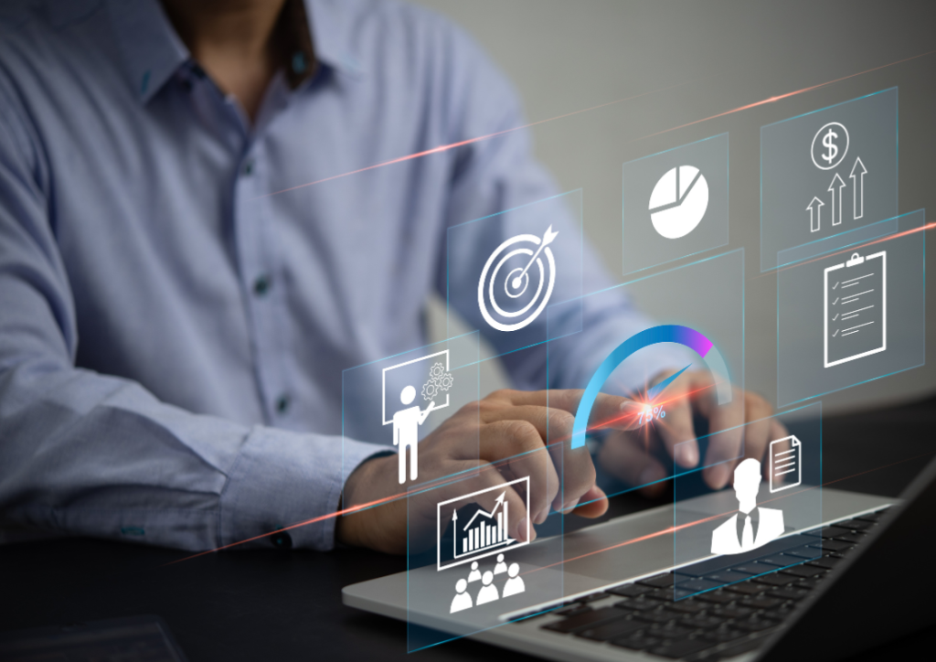 Hands interacting with a laptop displaying holographic icons representing Product Information Management (PIM) concepts such as centralized data, target audience, data analysis charts, workflow management, and revenue growth, illustrating the benefits of PIM for business success.