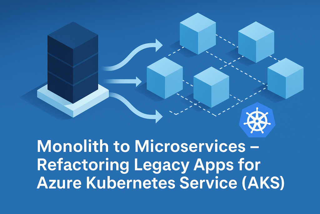 Illustration of legacy monolith application transforming into distributed microservices architecture on Azure Kubernetes Service (AKS)