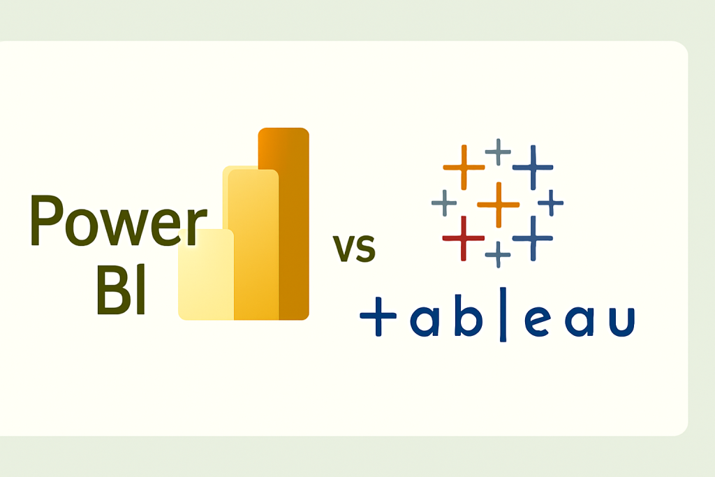 A comparison between Power BI and Tableau, showcasing their logos side by side. On the left, Power BI’s logo with ascending yellow bars and the name 'Power BI' in dark olive-green font, and on the right, Tableau’s colorful plus sign symbol and the name 'Tableau' in dark navy-blue font. The text 'vs' is placed between the two logos, emphasizing the competition between these two business intelligence tools.